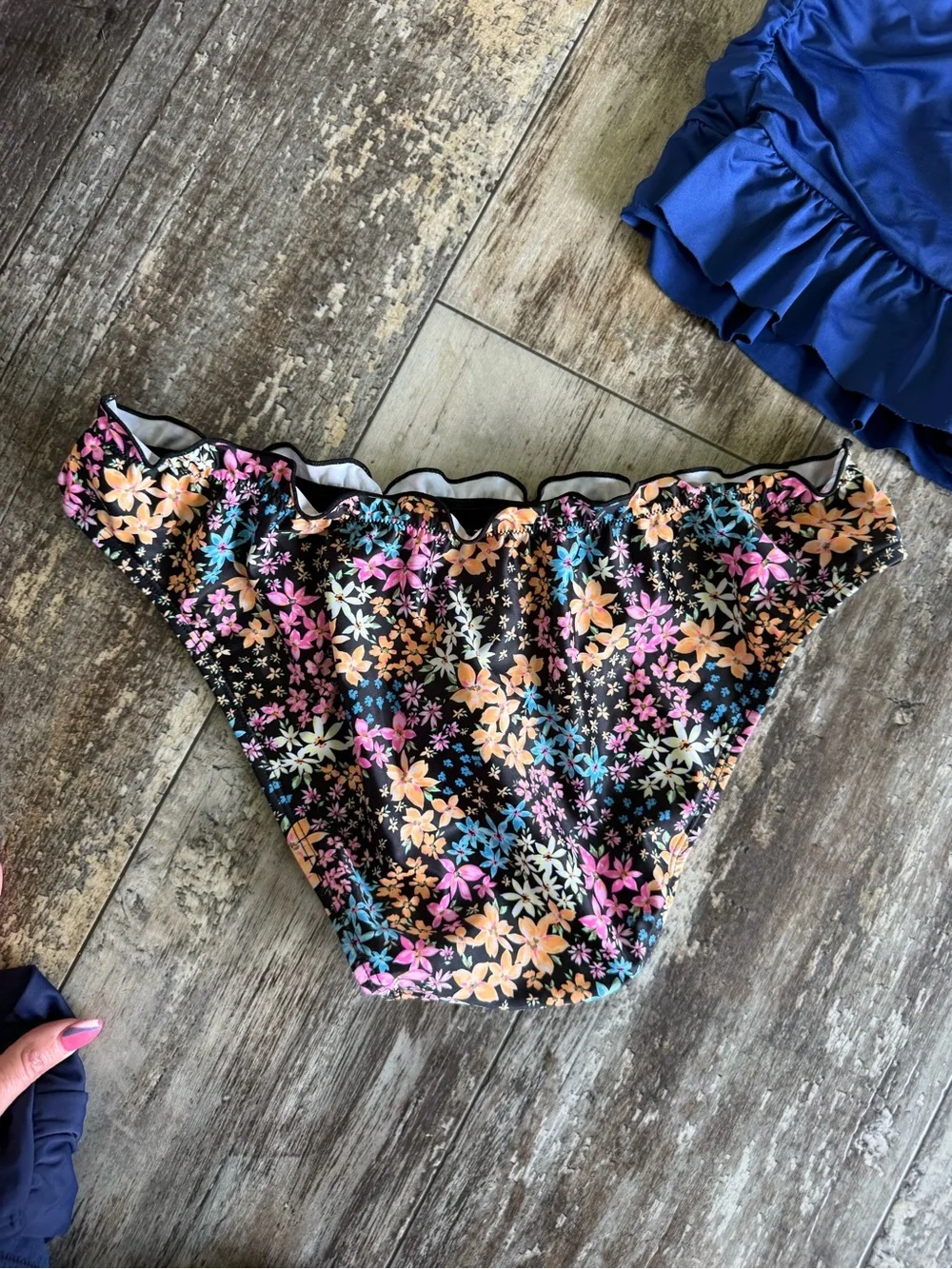 2 for $10 sale: 2 Bikini bottoms ; blue ruffle trim swim skirt and floral cheeky